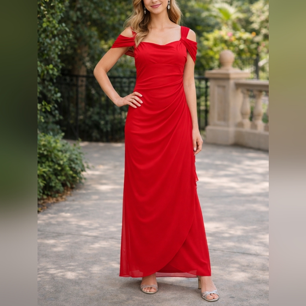 Alex Evenings Red Off Shoulder Gown Size 8 Formal Evening Dress